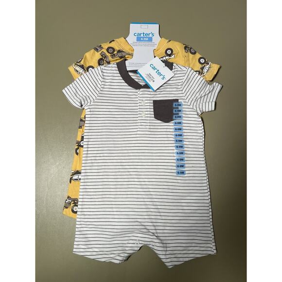 Carter’s Baby 2 Pieces 6-9M White W/Gray Stripes And Yellow W/Trucks - Picture 1 of 5